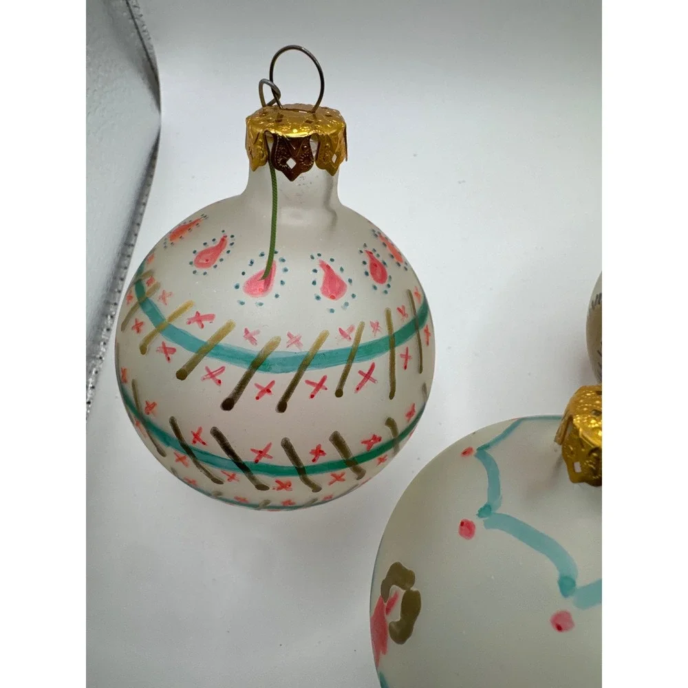 Vintage 1994 Polites Hand Painted Frosted Glass Christmas Ornaments Set of 4